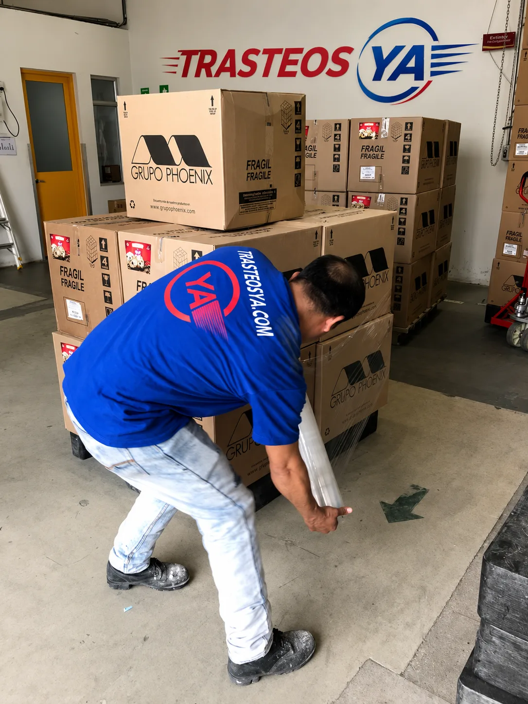 Operario cargando cajas industriales en bodega